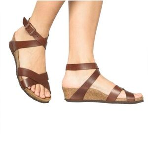 Birkenstock Papillio Nola Leather Wedge Sandals Footbed 39 US 8 Cognac Brown
